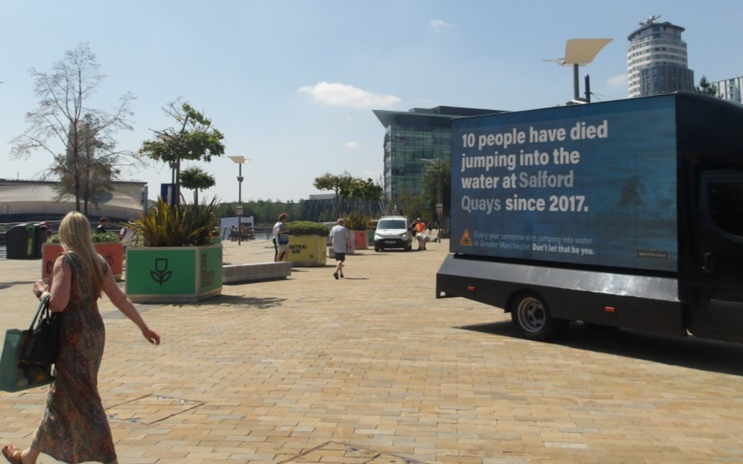 Buy Me Media mobile advertising van delivering a water safety