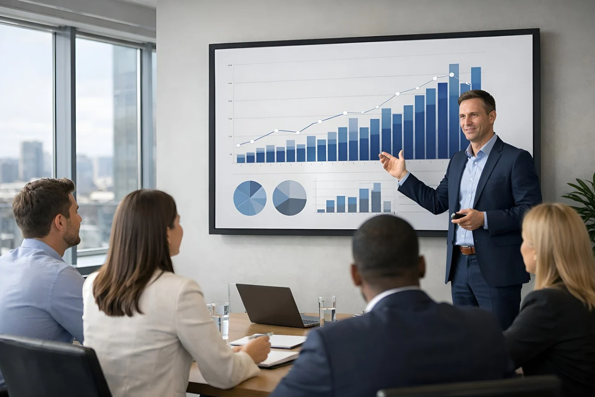 A business man presenting data to a group of business people.